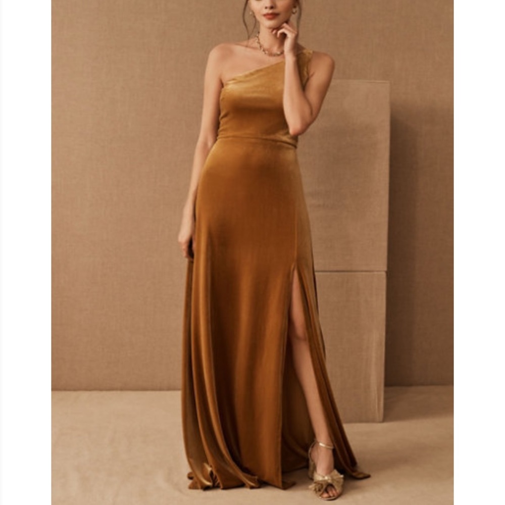 BHLDN velvet maxi dress, color marigold